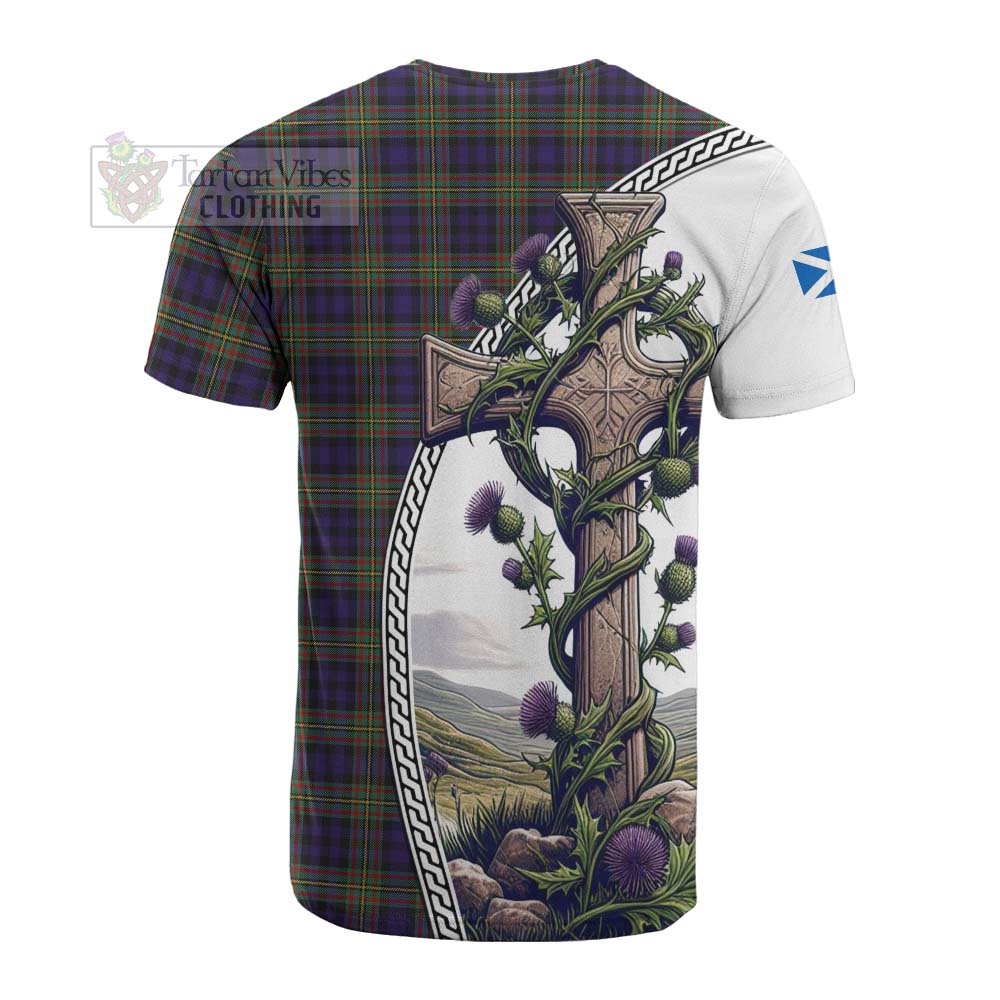 Tartan Vibes Clothing Clelland Tartan Cotton T-shirt with Family Crest and St. Andrew's Cross Accented by Thistle Vines