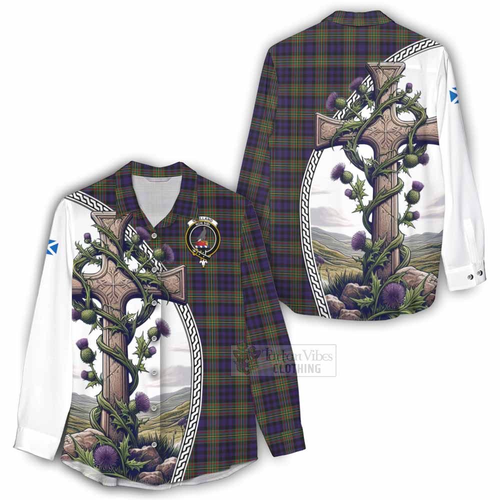 Tartan Vibes Clothing Clelland Tartan Women's Casual Shirt with Family Crest and St. Andrew's Cross Accented by Thistle Vines