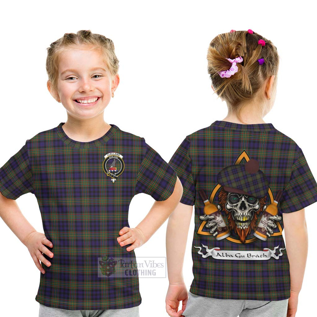 Tartan Vibes Clothing Clelland Tartan Kid T-Shirt with Family Crest and Bearded Skull Holding Bottles of Whiskey