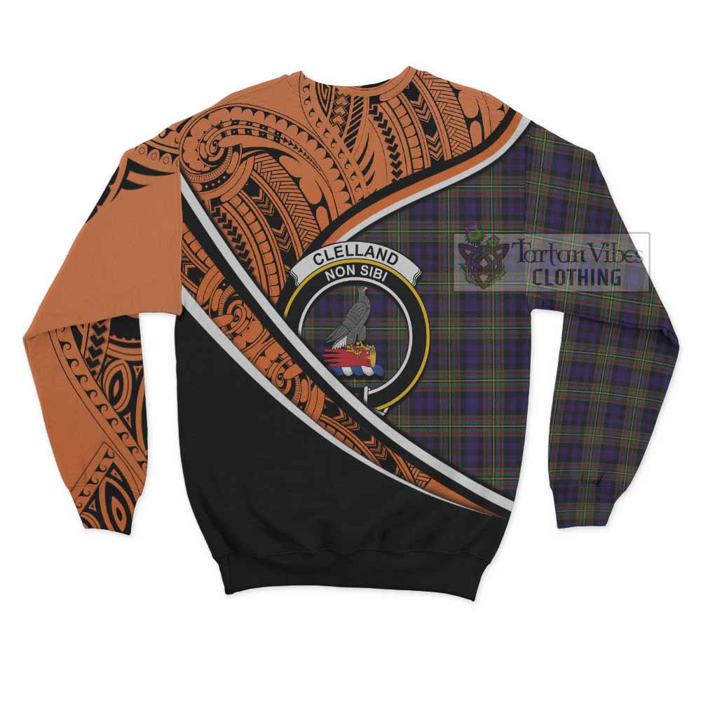 Tartan Vibes Clothing Clelland Crest Tartan Sweatshirt with Maori Tattoo Style - Orange Version