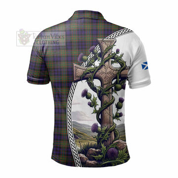 Clelland Tartan Polo Shirt with Family Crest and St. Andrew's Cross Accented by Thistle Vines