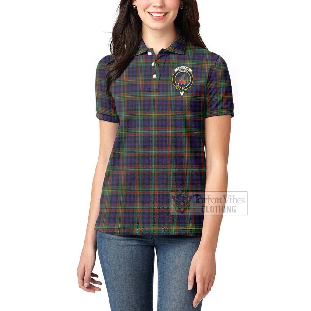 Tartan Vibes Clothing Clelland Tartan Women's Polo Shirt with Family Crest and Bearded Skull Holding Bottles of Whiskey