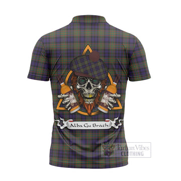 Clelland Tartan Zipper Polo Shirt with Family Crest and Bearded Skull Holding Bottles of Whiskey