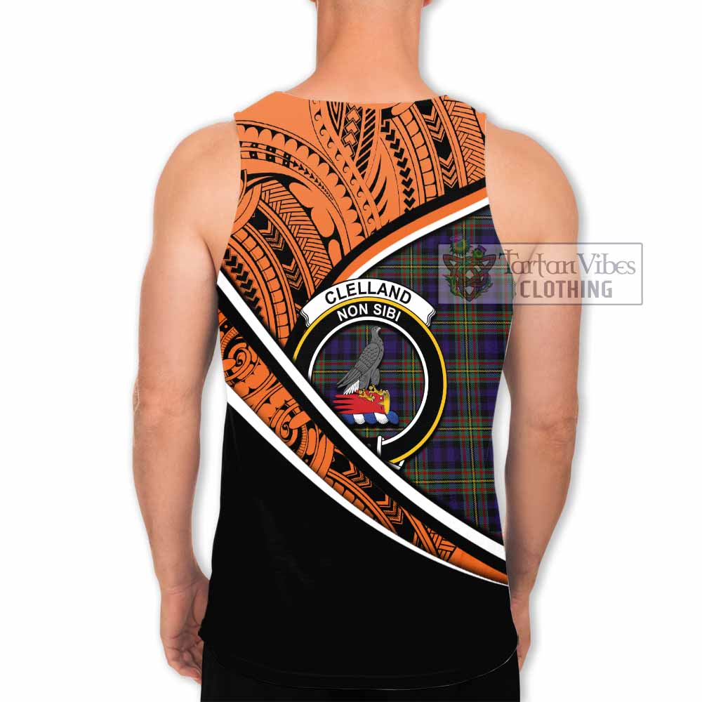 Tartan Vibes Clothing Clelland Crest Tartan Men's Tank Top with Maori Tattoo Style - Orange Version