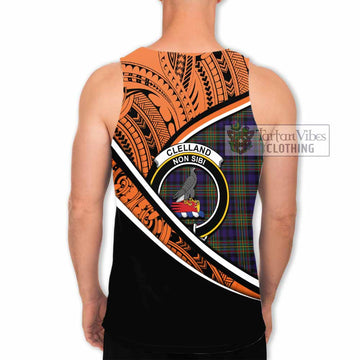 Clelland Crest Tartan Men's Tank Top with Polynesian Vibes Style - Orange Version