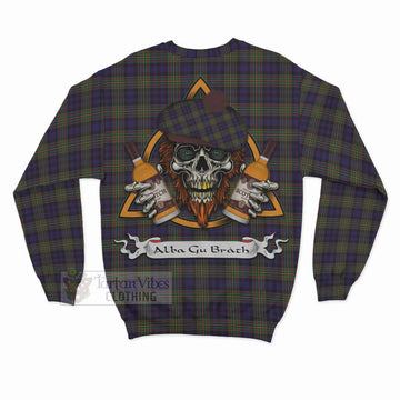 Clelland Tartan Sweatshirt with Family Crest and Bearded Skull Holding Bottles of Whiskey