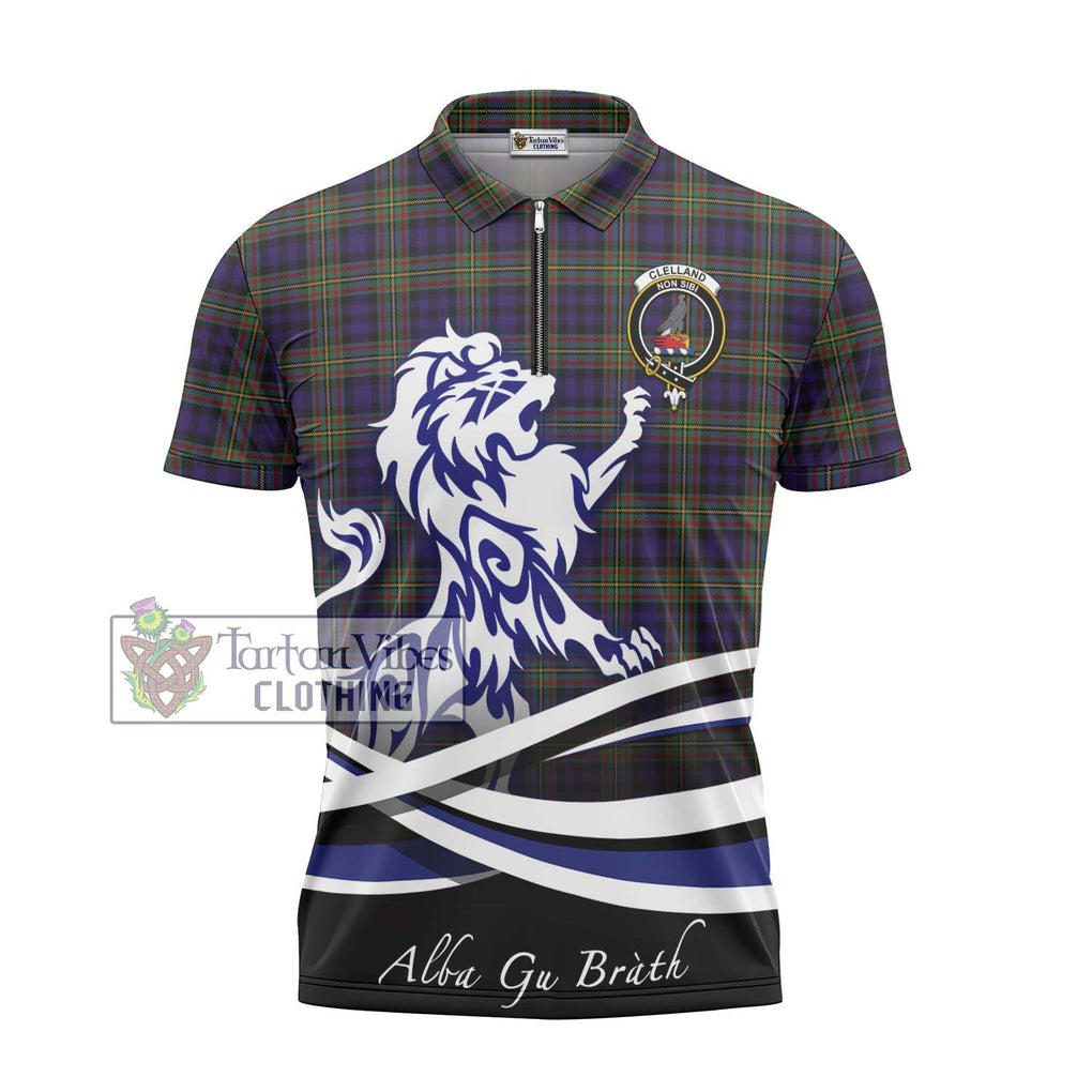 Clelland Tartan Zipper Polo Shirt with Alba Gu Brath Regal Lion Emblem - Tartanvibesclothing Shop