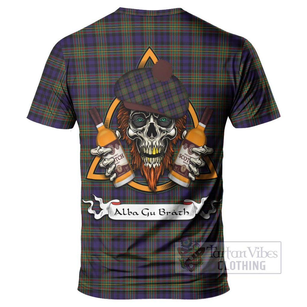 Tartan Vibes Clothing Clelland Tartan T-Shirt with Family Crest and Bearded Skull Holding Bottles of Whiskey