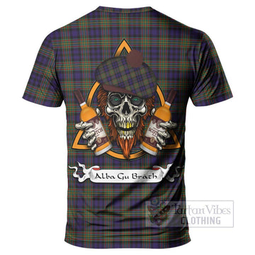 Clelland Tartan T-Shirt with Family Crest and Bearded Skull Holding Bottles of Whiskey