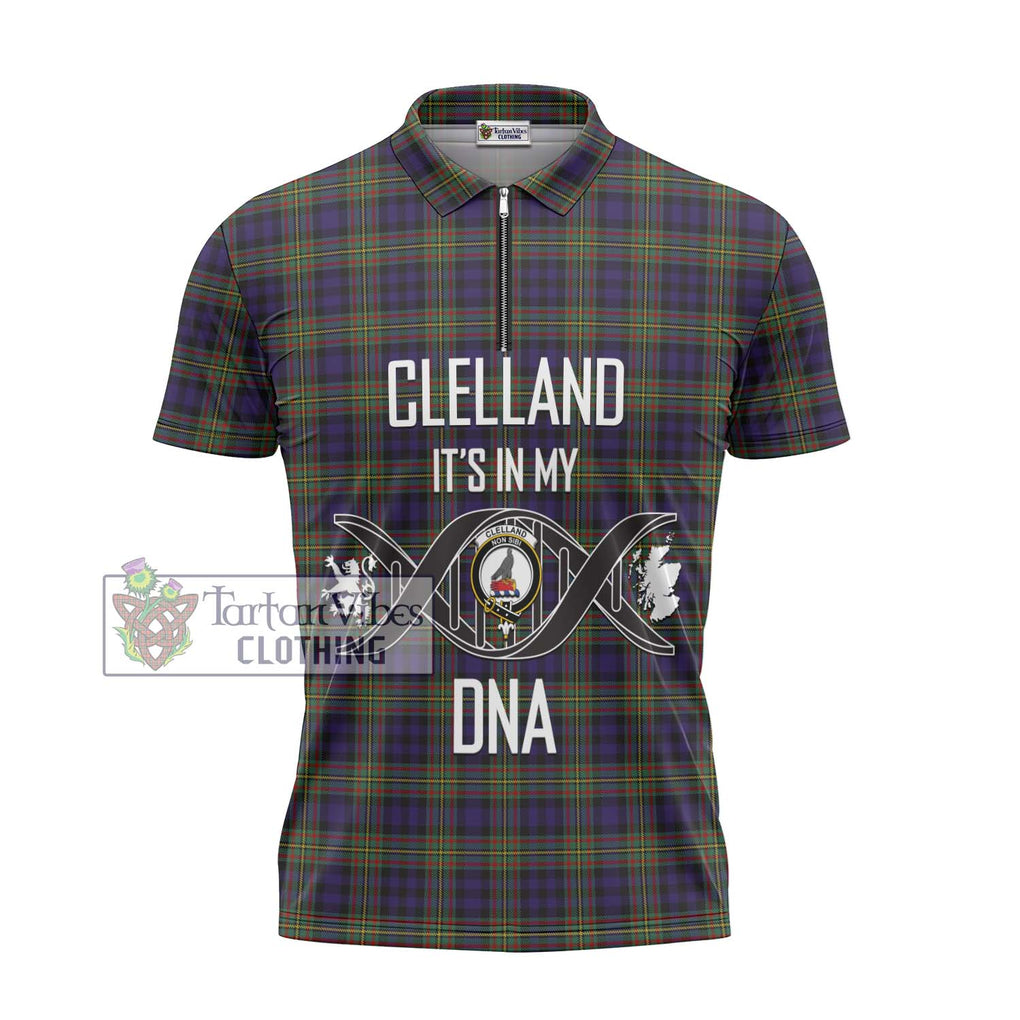 Clelland Tartan Zipper Polo Shirt with Family Crest DNA In Me Style - Tartanvibesclothing Shop