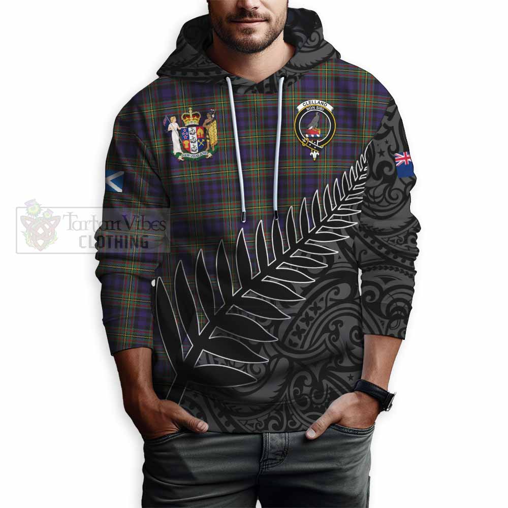 Tartan Vibes Clothing Clelland Crest Tartan Hoodie with New Zealand Silver Fern Half Style