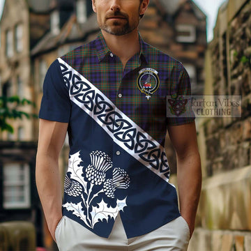 Clelland Tartan Short Sleeve Button Shirt Featuring Thistle and Scotland Map