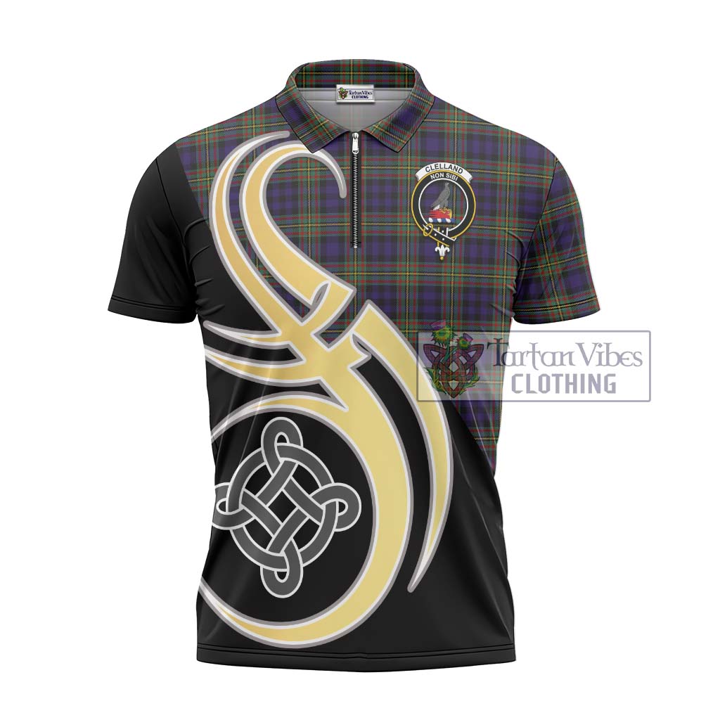 Tartan Vibes Clothing Clelland Tartan Zipper Polo Shirt with Family Crest and Celtic Symbol Style