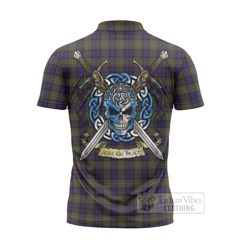 Tartan Vibes Clothing Clelland Tartan Zipper Polo Shirt with Family Crest Celtic Skull Style