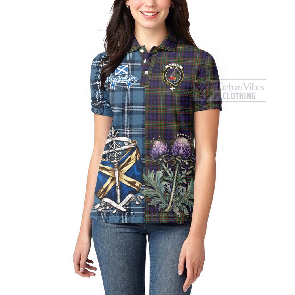 Tartan Vibes Clothing Clelland Tartan Women's Polo Shirt Happy St. Andrew's Day Half Tartan Style