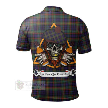 Clelland Tartan Polo Shirt with Family Crest and Bearded Skull Holding Bottles of Whiskey