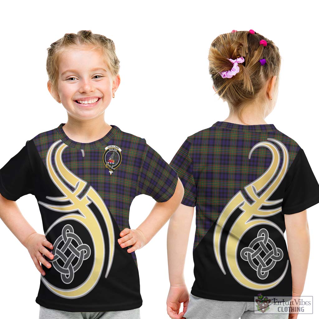 Clelland Tartan Kid T-Shirt with Family Crest and Celtic Symbol Style - Tartan Vibes Clothing