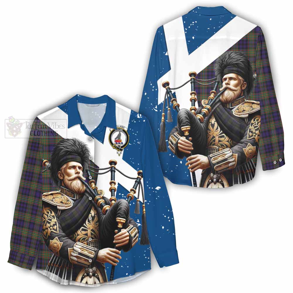 Tartan Vibes Clothing Clelland Tartan Women's Casual Shirt with Family Crest Scottish Bagpiper Vibes