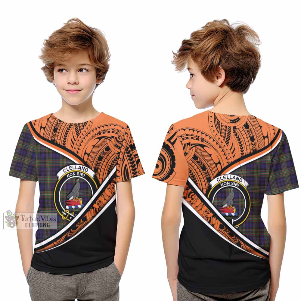 Tartan Vibes Clothing Clelland Crest Tartan Kid T-Shirt with Maori Tattoo Style - Orange Version