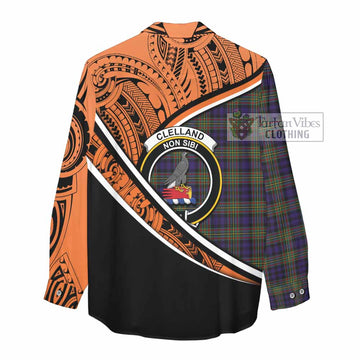 Clelland Crest Tartan Women's Casual Shirt with Polynesian Vibes Style - Orange Version