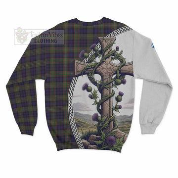 Clelland Tartan Sweatshirt with Family Crest and St. Andrew's Cross Accented by Thistle Vines