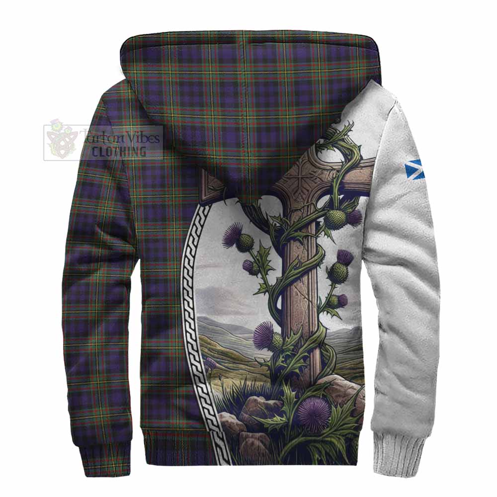 Tartan Vibes Clothing Clelland Tartan Sherpa Hoodie with Family Crest and St. Andrew's Cross Accented by Thistle Vines