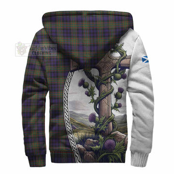 Clelland Tartan Sherpa Hoodie with Family Crest and St. Andrew's Cross Accented by Thistle Vines