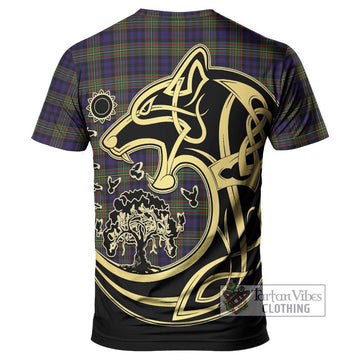 Clelland Tartan T-Shirt with Family Crest Celtic Wolf Style