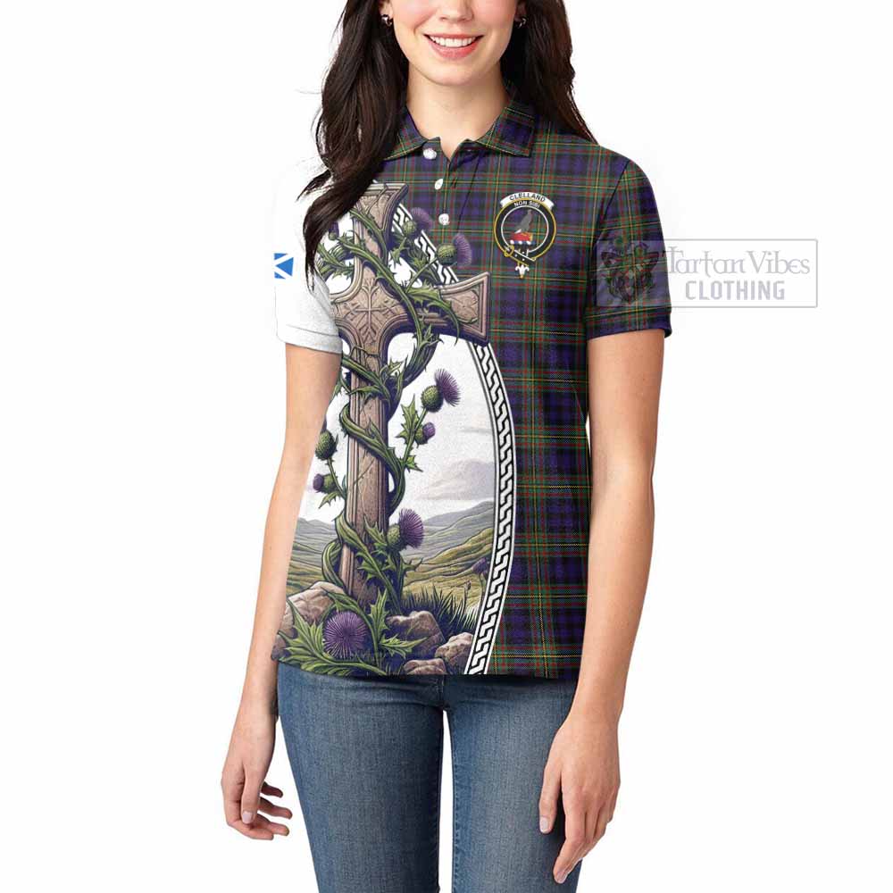 Tartan Vibes Clothing Clelland Tartan Women's Polo Shirt with Family Crest and St. Andrew's Cross Accented by Thistle Vines