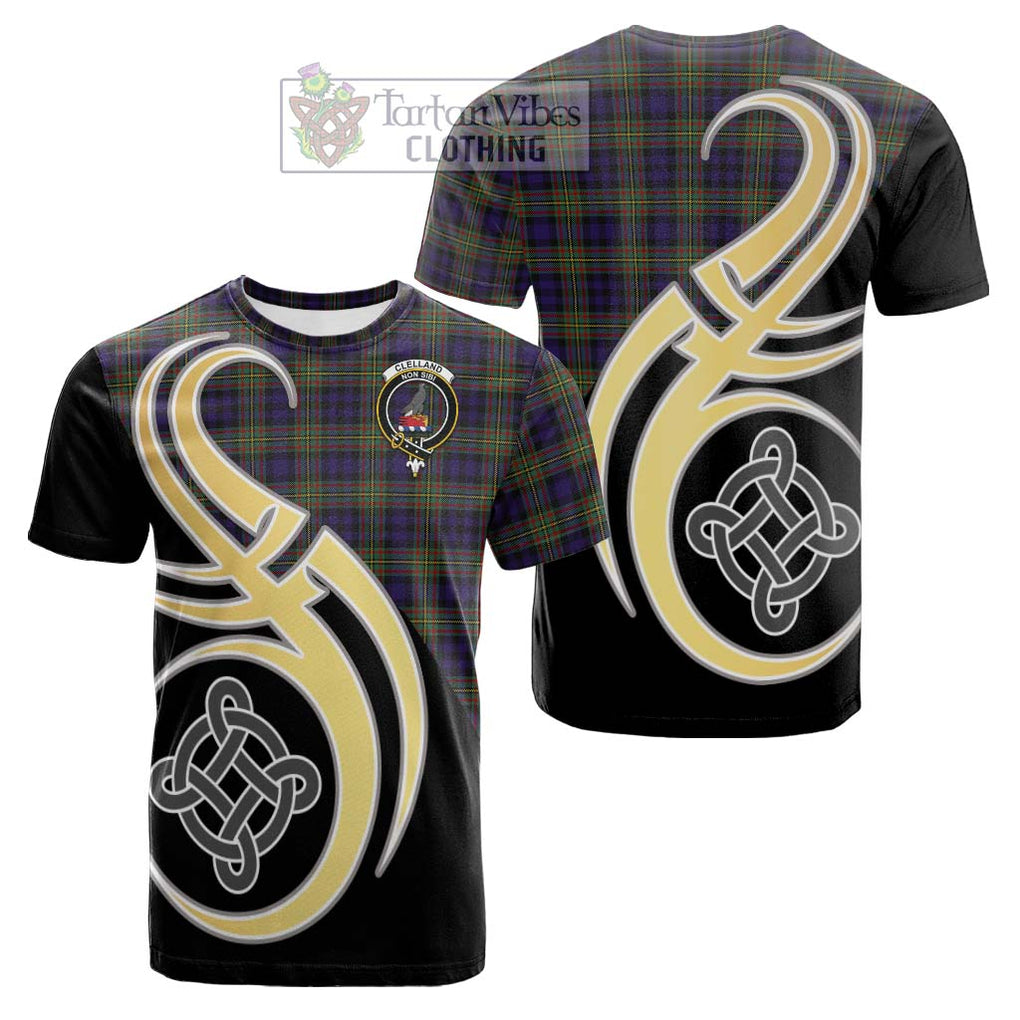 Tartan Vibes Clothing Clelland Tartan Cotton T-shirt with Family Crest and Celtic Symbol Style