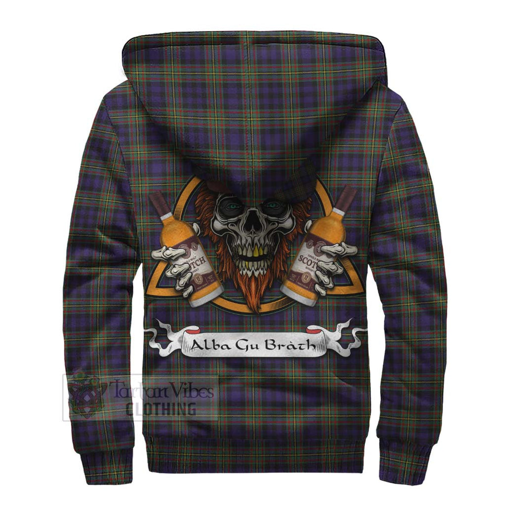 Tartan Vibes Clothing Clelland Tartan Sherpa Hoodie with Family Crest and Bearded Skull Holding Bottles of Whiskey