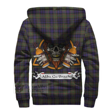 Clelland Tartan Sherpa Hoodie with Family Crest and Bearded Skull Holding Bottles of Whiskey