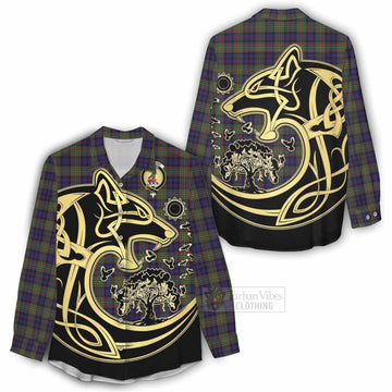 Clelland Tartan Women's Casual Shirt with Family Crest Celtic Wolf Style