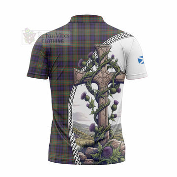 Clelland Tartan Zipper Polo Shirt with Family Crest and St. Andrew's Cross Accented by Thistle Vines