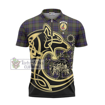 Clelland Tartan Zipper Polo Shirt with Family Crest Celtic Wolf Style