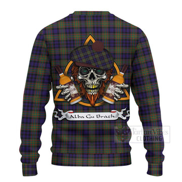 Clelland Tartan Ugly Sweater with Family Crest and Bearded Skull Holding Bottles of Whiskey