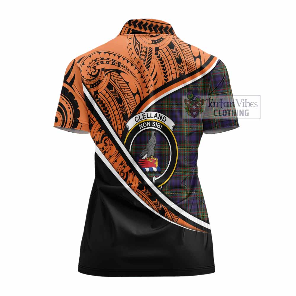 Tartan Vibes Clothing Clelland Crest Tartan Women's Polo Shirt with Maori Tattoo Style - Orange Version