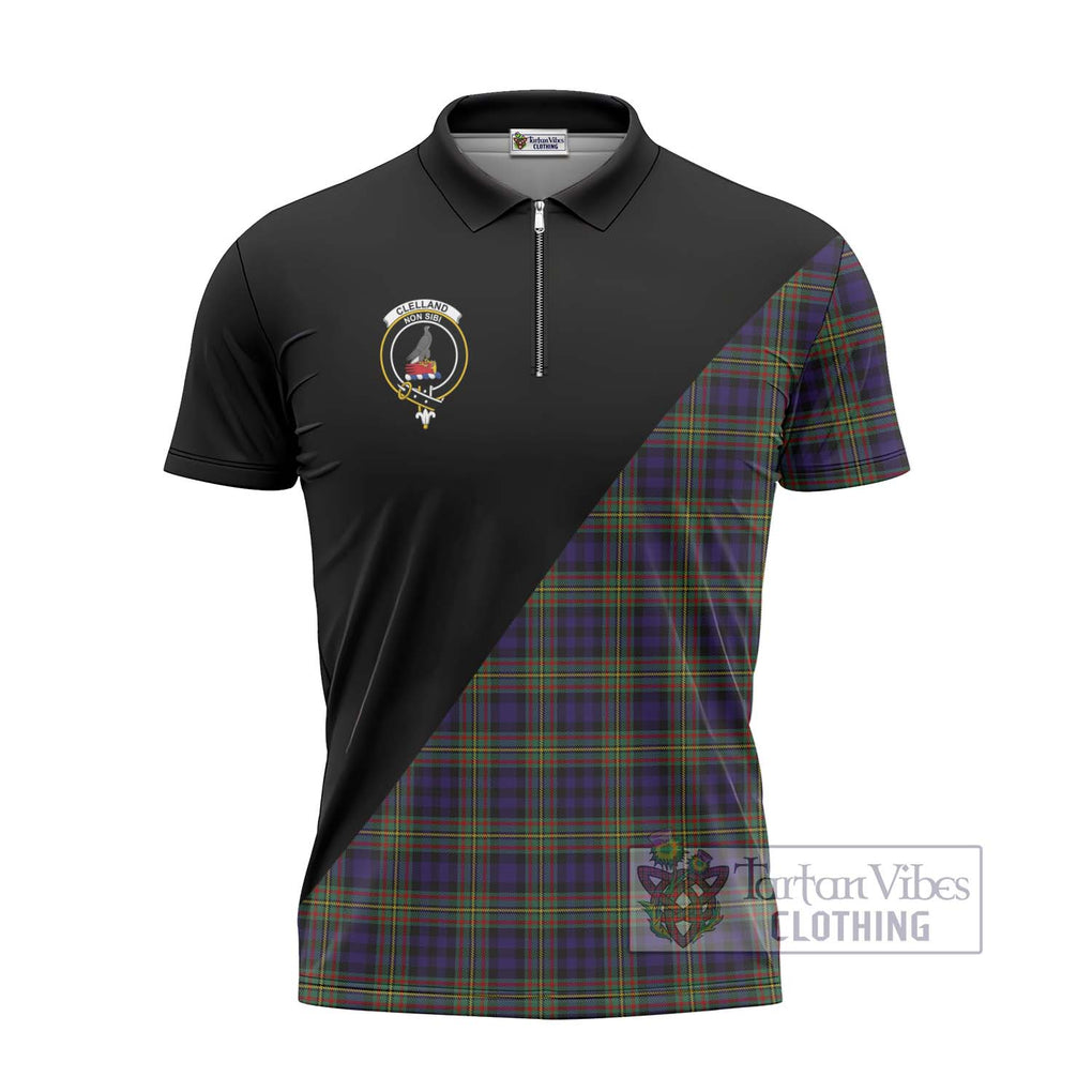 Clelland Tartan Zipper Polo Shirt with Family Crest and Military Logo Style - Tartanvibesclothing Shop