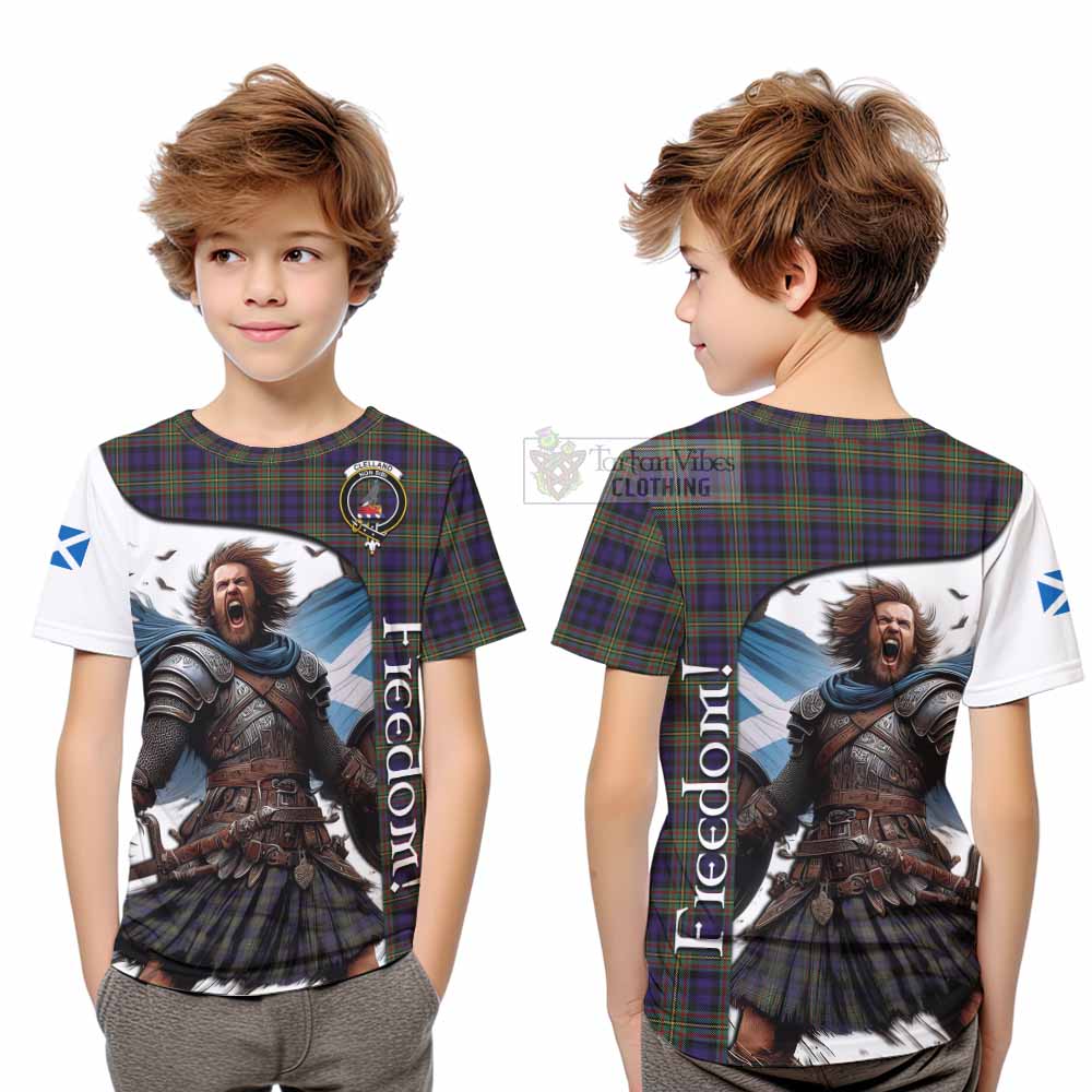 Tartan Vibes Clothing Clelland Crest Tartan Kid T-Shirt Inspired by the Freedom of Scottish Warrior