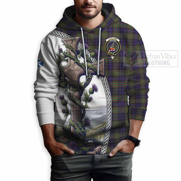 Clelland Tartan Hoodie with Family Crest and St. Andrew's Cross Accented by Thistle Vines - Tartan Vibes Clothing