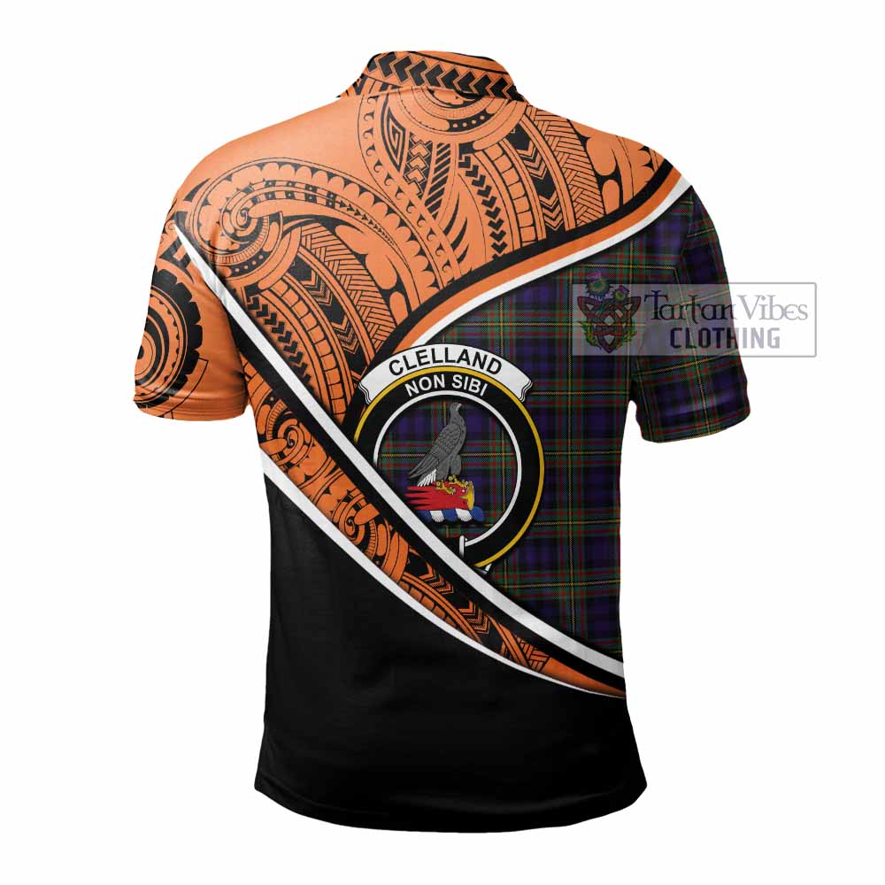 Tartan Vibes Clothing Clelland Crest Tartan Polo Shirt with Maori Tattoo Style - Orange Version