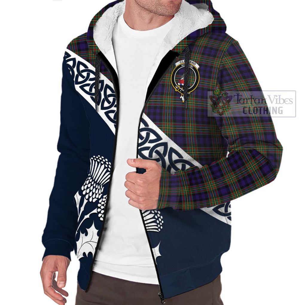 Tartan Vibes Clothing Clelland Tartan Sherpa Hoodie Featuring Thistle and Scotland Map