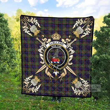 Clelland Tartan Quilt with Family Crest and Golden Thistle Crossed Sword Design