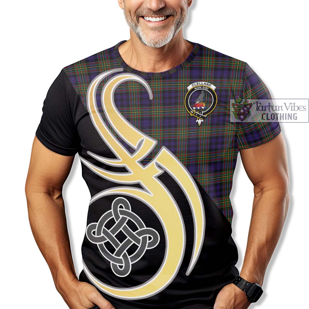 Tartan Vibes Clothing Clelland Tartan T-Shirt with Family Crest and Celtic Symbol Style