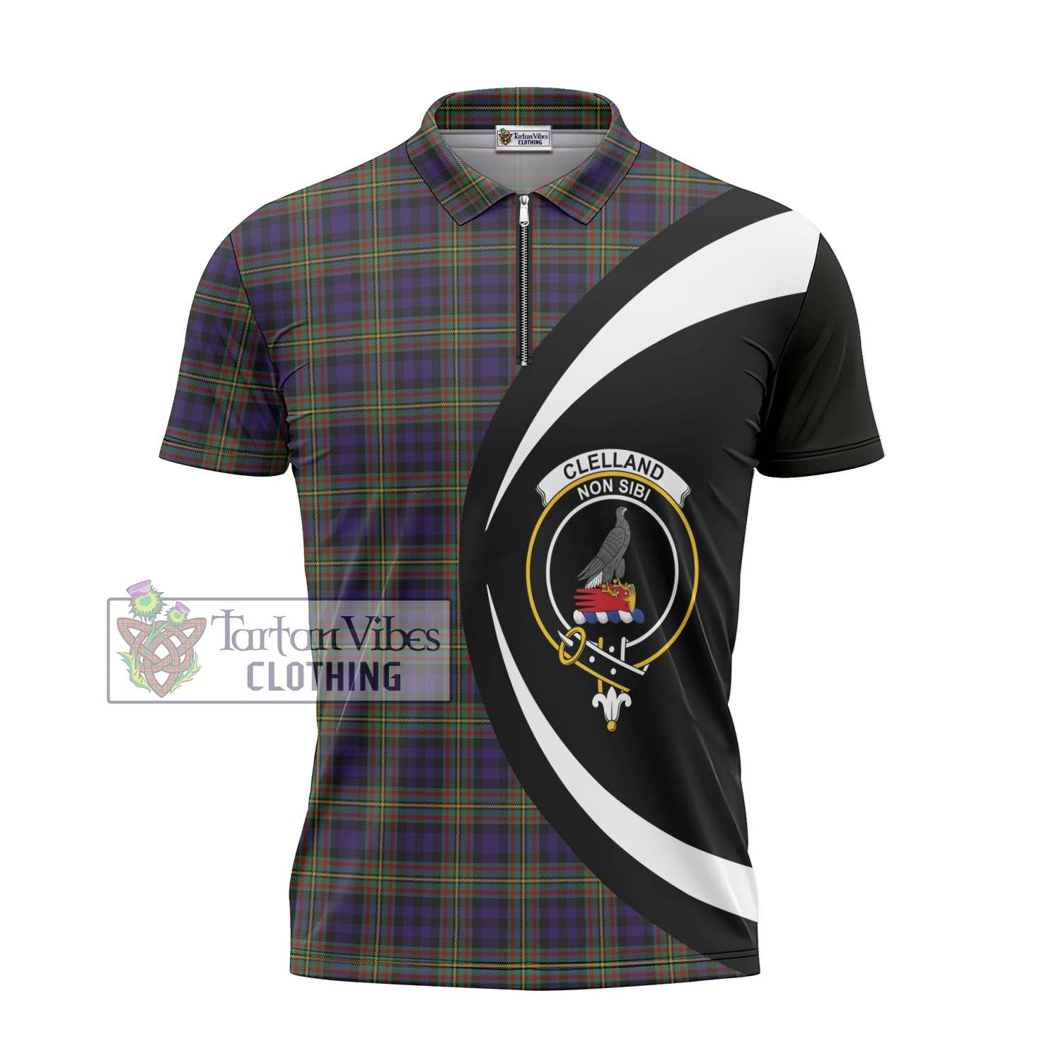 Tartan Vibes Clothing Clelland Tartan Zipper Polo Shirt with Family Crest Circle Style