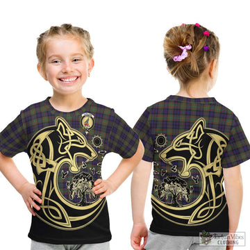 Clelland Tartan Kid T-Shirt with Family Crest Celtic Wolf Style