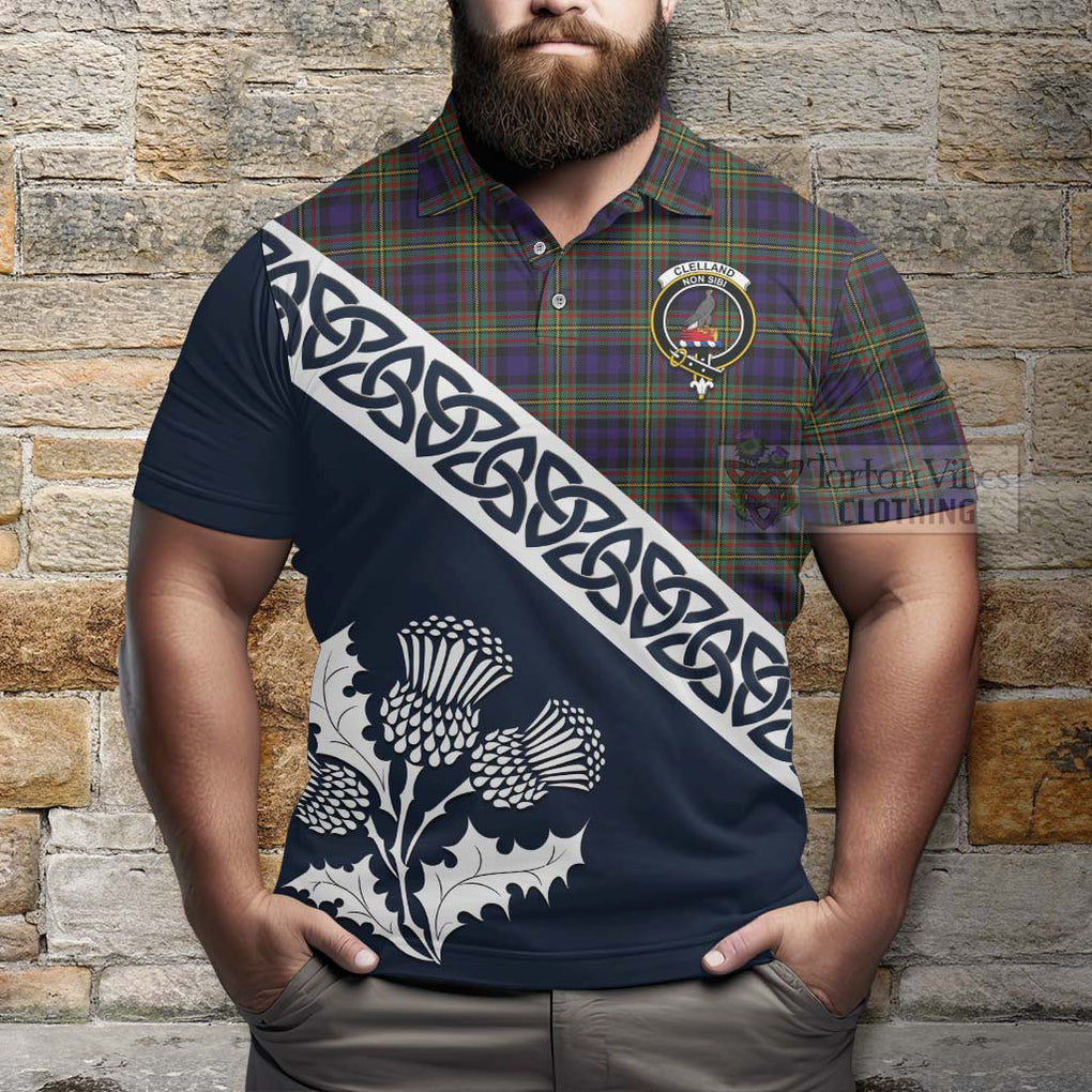 Clelland Tartan Polo Shirt Featuring Thistle and Scotland Map