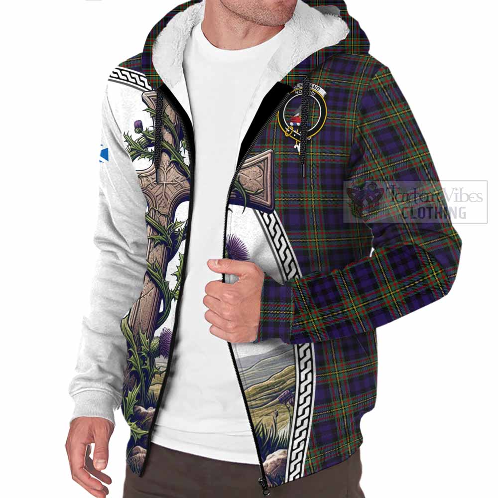 Tartan Vibes Clothing Clelland Tartan Sherpa Hoodie with Family Crest and St. Andrew's Cross Accented by Thistle Vines