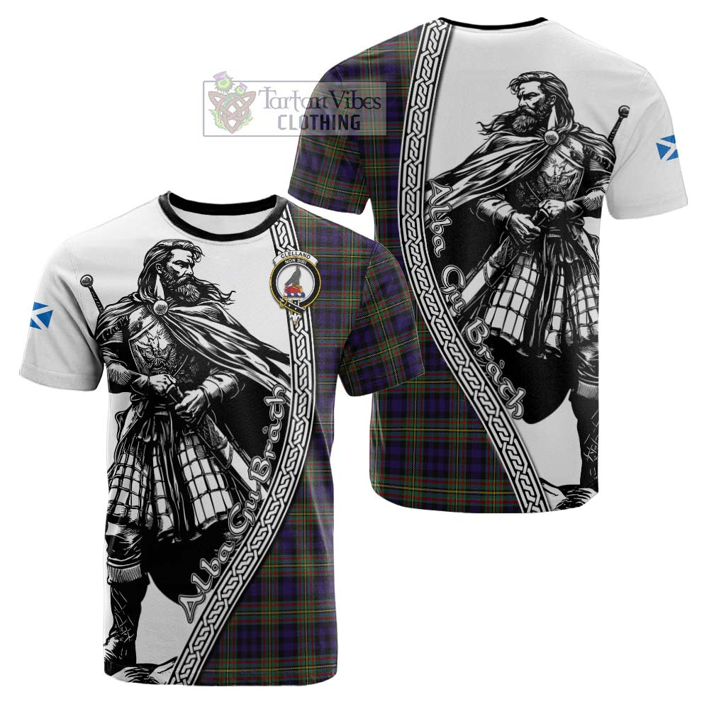 Clelland Tartan Clan Crest Cotton T-shirt with Highlander Warrior Celtic Style