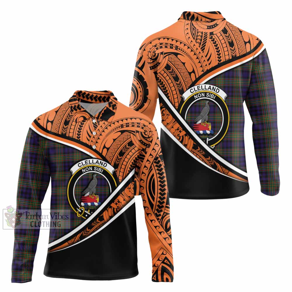 Tartan Vibes Clothing Clelland Crest Tartan Long Sleeve Polo Shirt with Maori Tattoo Style - Orange Version